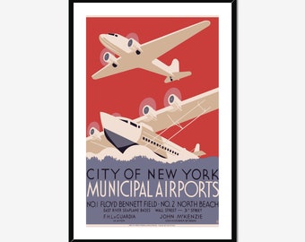 Ville de New York Aéroport municipal vintage Voyage Tourisme Affiche Imprimer