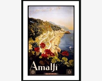 Vintage Travel Tourism Poster of Amalfi Coast on the Italian Riviera