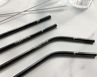 Black Metal Straw Set - With Quirky Slogan, Different Sizes, Cleaning Brushes & Velvet Pouch
