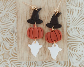 Halloween Earrings - Witch Hat, Pumpkin, Ghost made with Polymer Clay, Fall Earrings, Lightweight and Nickel Free