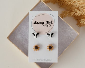 Cow Stud Earrings, Sunflower Earrings Stud Pack - Hypoallergenic and lightweight, Western Boho Earrings, Cow Print Gift for Her