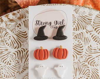 Halloween Stud Earrings - witch hat, orange pumpkin, ghost stud pack, Cute spooky earrings, gold dipped pumpkin earrings, fall clay earrings