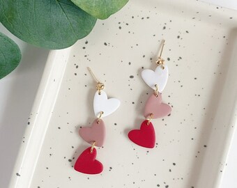 Heart Shaped Dangles for Valentine's Day - White, Mauve and Red Heart Modern Trendy Clay Earrings | Polymer Clay Earrings