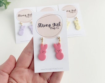 Easter Bunny Earrings -  Marshmallow Peep Dangle CLAY EARRINGS | lightweight | hypoallergenic | basket filler, nostalgic Easter Gift