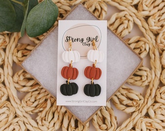 Pumpkin Earrings - White, Orange and Black 3-Tiered Halloween Pumpkin Earrings, Lightweight and Nickle Free -  Fall Earrings