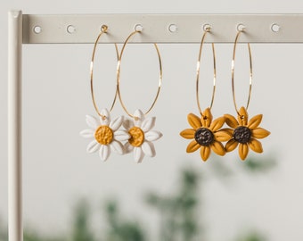 Daisy or Sunflower Earrings, CLAY EARRINGS | hypoallergenic | handmade, floral boho hoop earrings, Gift for Her