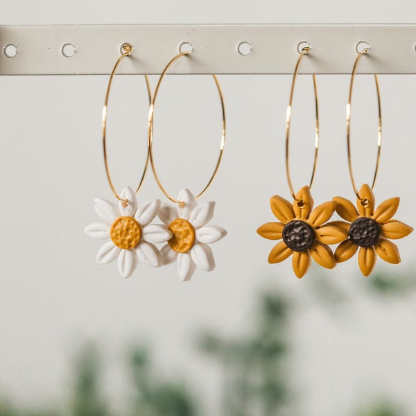 Daisy or Sunflower Earrings, CLAY EARRINGS | hypoallergenic | handmade, floral boho hoop earrings, Gift for Her