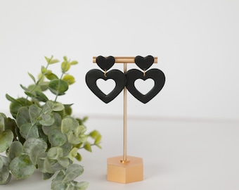 Valentine's Day Heart Dangle Earrings | lightweight | hypoallergenic | Black Polymer Clay Earrings