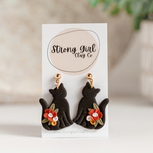Fall Black Cat Dangle Earrings - CLAY EARRINGS - Hypoallergenic and lightweight - Pet Owner Jewelry - Floral Cat Dangles- Gift for Cat Lover