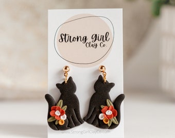 Fall Black Cat Dangle Earrings - CLAY EARRINGS - Hypoallergenic and lightweight - Pet Owner Jewelry - Floral Cat Dangles- Gift for Cat Lover
