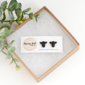 Black Cow Head Earrings - CLAY EARRINGS - Hypoallergenic and lightweight, Western Cow Head Studs