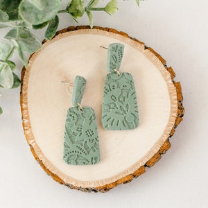 Sage Green Floral Clay Statement Earrings - Hypoallergenic and Lightweight - Light Green Floral Earrings