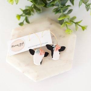 Floral Cow Earrings - CLAY EARRINGS - Hypoallergenic and Lightweight, Handmade Cow Earring with Floral Crown