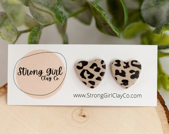 Animal Print Stud Earrings - CLAY EARRINGS | lightweight | hypoallergenic | handmade - Heart Shaped Cheetah Earrings