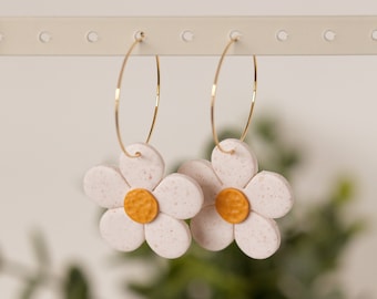 Daisy Flower Hoop Earrings | lightweight | Handmade Clay Earrings, Summer Earrings for Her, White Flower Earrings