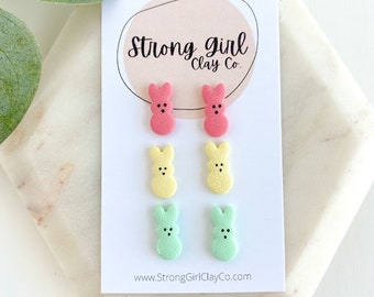 Easter Marshmallow Bunny Peep Stud Earrings, Set of 3 Easter Studs, Easter Gift, Basket Filler, Clay Earrings for Women