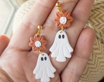 Halloween Ghost Earrings: Burnt Orange Floral Spooky Clay Dangle Earrings for Her; Lightweight