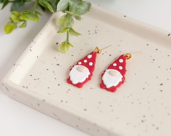 Christmas Gnome Earrings - Polymer Clay Earrings - Lightweight and Handmade, Gift for Her, Red Santa Gnome Earrings