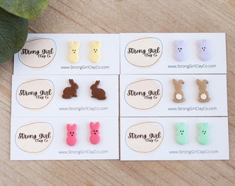 Easter Stud Earrings - BUILD YOUR OWN stud pack, Chocolate Rabbit, Marshmallow Peep Studs, Easter Basket Gifts, Small Clay Earrings