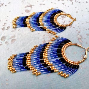 Blue Gradient Gold Beaded Earrings Ombre Long Fringe Light Weight Beaded Earrings Gift For Her Handmade Long Beaded Drops Gradient Earrings