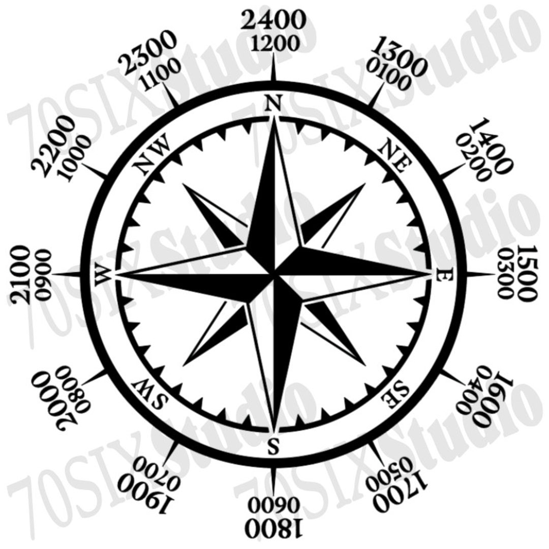 Compass Rose 24 Hour Clock Template, Military Timed Clock Svg, Navy