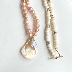 Freshwater Pearl Shell Necklace w Abalone Shell Pendant and 18k gold toggle, Heishi Shell Necklace, gifts for her, Statement Necklace