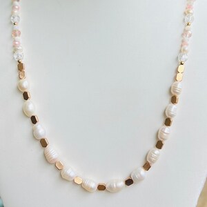 Freshwater Pearl, Mother of Pearl & Quartz necklace with Czech glass crystals, gold and shell accents, lobster clasp, w gift bag, stunning!