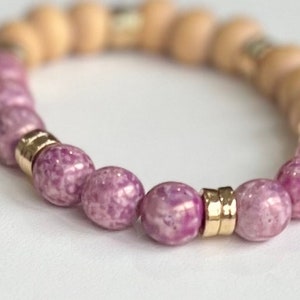 Custom handcrafted beaded pink women’s bracelet, made with Czech glass crystals, wood and hematite beads, w gift bag, vintage look