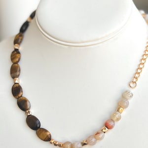 Genuine Tigers Eye gemstone & Fire Agate women’s pendant necklace with gold accents, and gold chain with lobster clasp closure, w gift bag