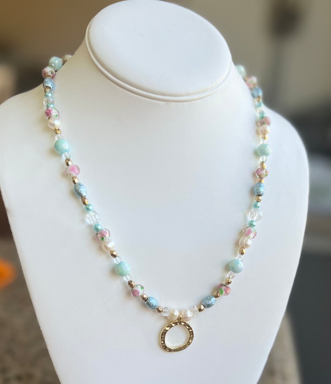 Pearl Necklace W Czech Glass Beads, Hand Painted Glass Beads, 18k Gold