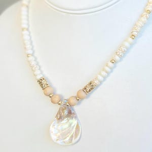 Necklace, Shell necklace with Abalone shell pendant and Heishi beads, with 18k gold lariat closure, and free gift! Boho, Statement necklace!