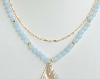 Necklace, Aquamarine gemstone necklace with shell accents, & 18k gold lariat closure, and free gold layering necklace chain! Shell necklace