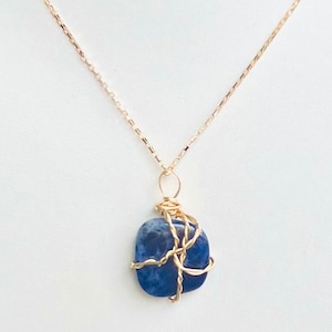 Sodalite gemstone pendant necklace, hand wire wrapped, gold necklace, gift for her, jewelry, dainty necklace, adjustable 16-19 inch