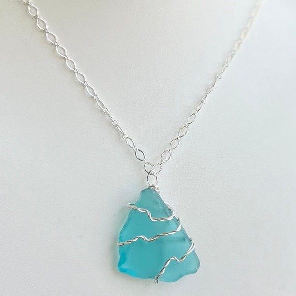 Turquoise Sea Glass necklace, hand wire wrapped, gift for her, pendant necklace, with 16-18 inch silver cable chain necklace, gifts for her