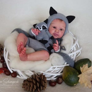 Puede incluir: Un mu&ntilde;eco beb&eacute; realista que lleva un disfraz de mapache gris con un juguete de peluche de mapache. El mu&ntilde;eco est&aacute; acostado en una cesta de mimbre blanca con decoraciones de oto&ntilde;o, incluyendo pi&ntilde;as, bellotas y hojas.