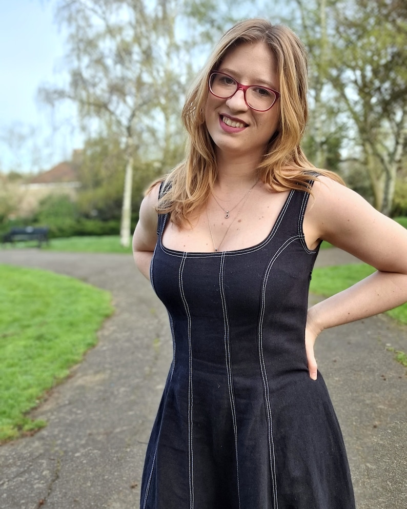 Cookies&Cream Womens Sewing Pattern | Midi fitted paneled dress square neck with topstitching | Instant download written + video instructions | UK4-24/EU32-54