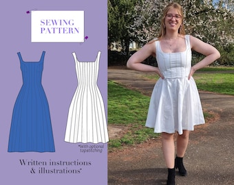 Striped Delight Sewing Pattern | Fitted panelled dress square neck lined bodice | Instant download w/ written instructions | UK4-24/EU32-54