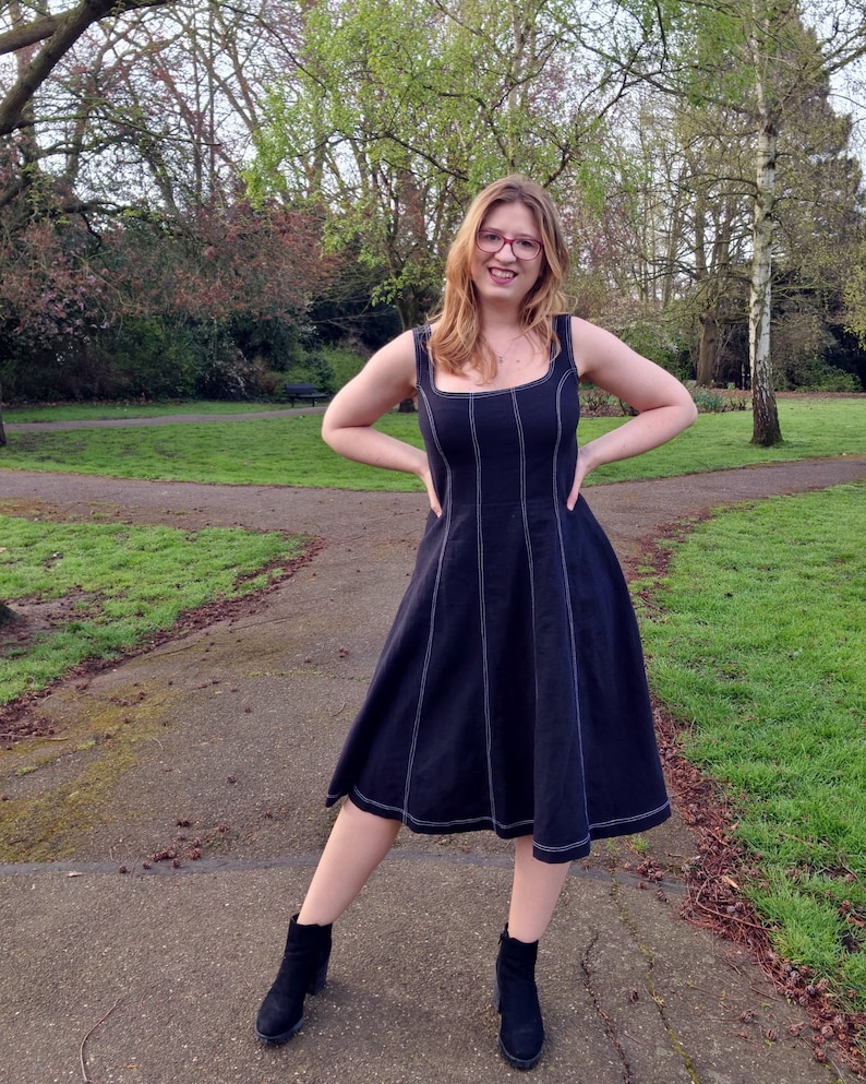 Cookies&Cream Womens Sewing Pattern | Midi fitted paneled dress square neck | Instant download written + video instructions | UK4-24/EU32-54
