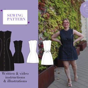 Sachertorte Dress Womens Sewing Pattern | Mini fitted paneled & high neck | Instant download written + video instructions | UK4-24/EU32-54