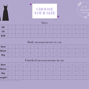 May include: A size chart for a dress pattern with measurements in inches and centimeters. The chart includes UK, US, and EUR sizes. The chart also includes measurements for bust, waist, hip, and length.
