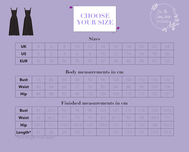 May include: A size chart for a dress pattern with measurements in inches and centimeters. The chart includes UK, US, and EUR sizes. The chart also includes measurements for bust, waist, hip, and length.