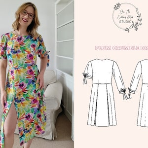 Puede incluir: Un vestido de estampado floral con una abertura lateral y mangas atadas. El vestido se muestra en una modelo e incluye un dibujo de l&iacute;nea del patr&oacute;n del vestido.