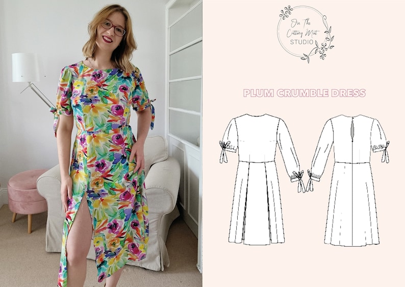 Puede incluir: Un vestido de estampado floral con una abertura lateral y mangas atadas. El vestido se muestra en una modelo e incluye un dibujo de l&iacute;nea del patr&oacute;n del vestido.