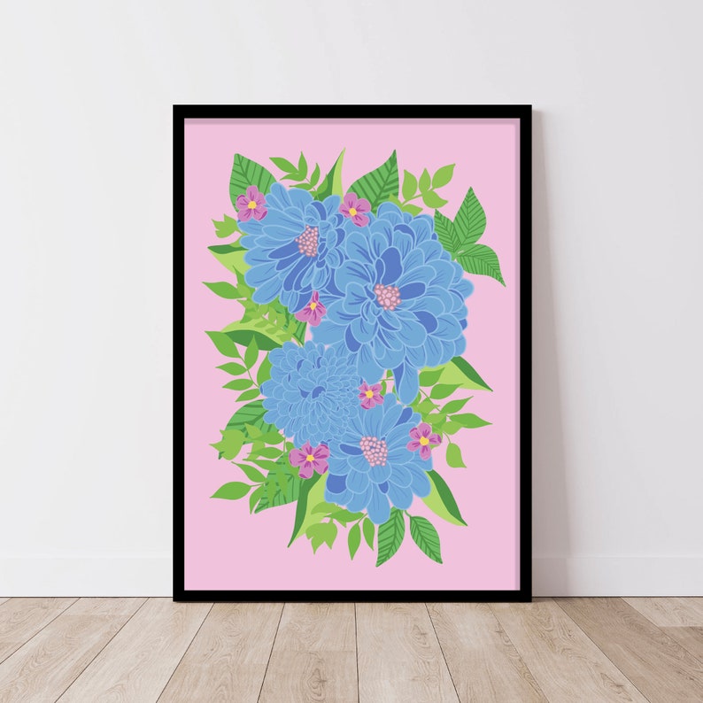 Blue Floral Bouquet, Botanical Flower Arrangement, Colourful Flowers, Bright Home Decor, Pink Wall Hanging, Hand drawn Illustration image 1