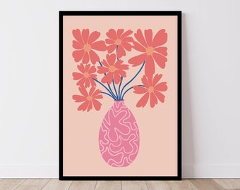 Wiggle Vase Floral Print, Pink Flowers, Flowers in Vase Illustration, Matisse Style Art, Modern Home Decor, Colourful Quirky Wall Hanging