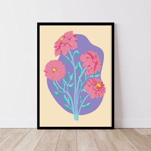 Abstract Dhalia Bouquet Illustration, Bright Coloured Botanical Print, Modern Floral Home Decor Poster, Pop Art Style Wall Hanging image 1