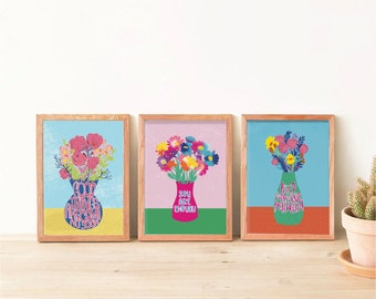 Positivity Vase Trio, Multi Pack Illustrations, Botanical Flowers, Positive Affirmations Poster Art