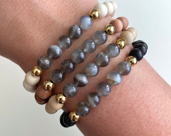Wooden Gems | Black Moonstone with Natural Wood Beads | Baby Bracelet Child Bracelet Adult Bracelet 14k Gold Filled