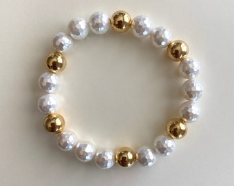 Faceted Mother of Pearl and Gold XL 8mm 14k Gold Filled