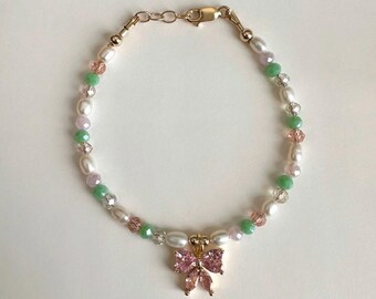 Marzipan Pink Bow Charm 14k Gold Filled Beaded Glass Bracelet | Baby Bracelet Holiday Bracelet Christmas Bracelet Gift For Her Lobster Clasp